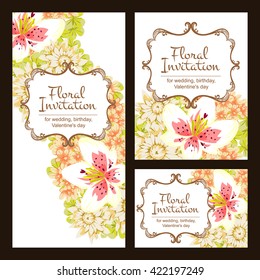 Vintage delicate invitation with flowers for wedding, marriage, bridal, birthday, Valentine's day. Romantic vector illustration.