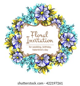 Vintage delicate invitation with flowers for wedding, marriage, bridal, birthday, Valentine's day. Romantic vector illustration.