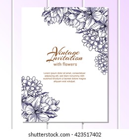 Vintage delicate invitation with flowers for wedding, marriage, bridal, birthday, Valentine's day. Romantic vector illustration.