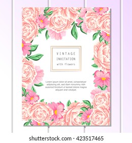 Vintage delicate invitation with flowers for wedding, marriage, bridal, birthday, Valentine's day. Romantic vector illustration.