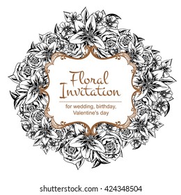 Vintage delicate invitation with flowers for wedding, marriage, bridal, birthday, Valentine's day. Romantic vector illustration.