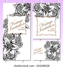 Vintage delicate invitation with flowers for wedding, marriage, bridal, birthday, Valentine's day. Romantic vector illustration.