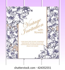 Vintage delicate invitation with flowers for wedding, marriage, bridal, birthday, Valentine's day. Romantic vector illustration.