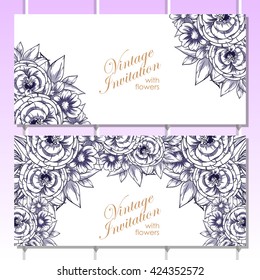 Vintage delicate invitation with flowers for wedding, marriage, bridal, birthday, Valentine's day. Romantic vector illustration.