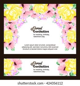 Vintage delicate invitation with flowers for wedding, marriage, bridal, birthday, Valentine's day. Romantic vector illustration.