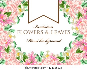 Vintage delicate invitation with flowers for wedding, marriage, bridal, birthday, Valentine's day. Romantic vector illustration.