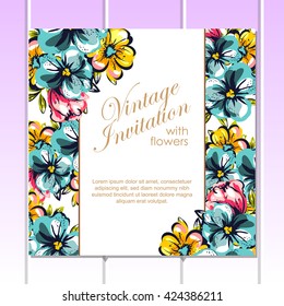 Vintage delicate invitation with flowers for wedding, marriage, bridal, birthday, Valentine's day. Romantic vector illustration.