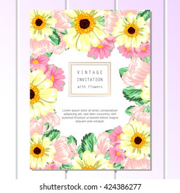 Vintage delicate invitation with flowers for wedding, marriage, bridal, birthday, Valentine's day. Romantic vector illustration.