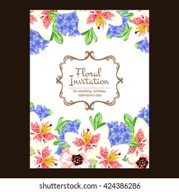 Vintage delicate invitation with flowers for wedding, marriage, bridal, birthday, Valentine's day. Romantic vector illustration.