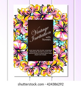 Vintage delicate invitation with flowers for wedding, marriage, bridal, birthday, Valentine's day. Romantic vector illustration.