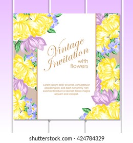 Vintage delicate invitation with flowers for wedding, marriage, bridal, birthday, Valentine's day. Romantic vector illustration.