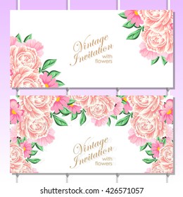Vintage delicate invitation with flowers for wedding, marriage, bridal, birthday, Valentine's day. Romantic vector illustration.
