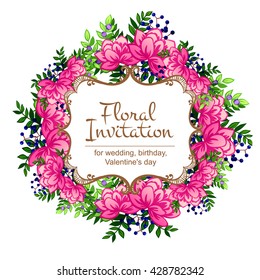 Vintage delicate invitation with flowers for wedding, marriage, bridal, birthday, Valentine's day. Romantic vector illustration.