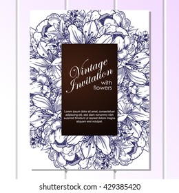Vintage delicate invitation with flowers for wedding, marriage, bridal, birthday, Valentine's day. Romantic vector illustration.