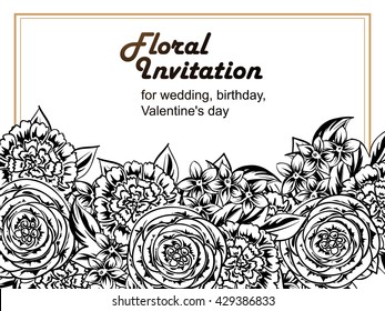 Vintage delicate invitation with flowers for wedding, marriage, bridal, birthday, Valentine's day. Romantic vector illustration.