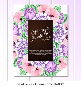 Vintage delicate invitation with flowers for wedding, marriage, bridal, birthday, Valentine's day. Romantic vector illustration.