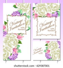 Vintage delicate invitation with flowers for wedding, marriage, bridal, birthday, Valentine's day. Romantic vector illustration.