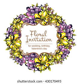 Vintage delicate invitation with flowers for wedding, marriage, bridal, birthday, Valentine's day. Romantic vector illustration.