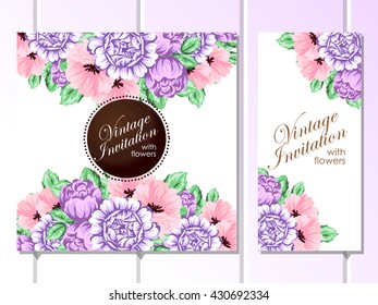 Vintage delicate invitation with flowers for wedding, marriage, bridal, birthday, Valentine's day. Romantic vector illustration.