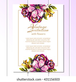 Vintage delicate invitation with flowers for wedding, marriage, bridal, birthday, Valentine's day.