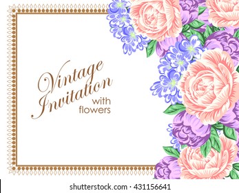 Vintage delicate invitation with flowers for wedding, marriage, bridal, birthday, Valentine's day.