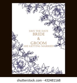 Vintage delicate invitation with flowers for wedding, marriage, bridal, birthday, Valentine's day. Romantic vector illustration.