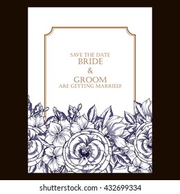 Vintage delicate invitation with flowers for wedding, marriage, bridal, birthday, Valentine's day.