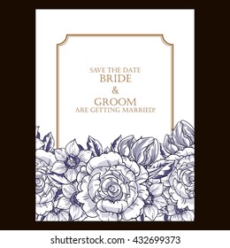 Vintage delicate invitation with flowers for wedding, marriage, bridal, birthday, Valentine's day.