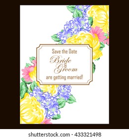 Vintage delicate invitation with flowers for wedding, marriage, bridal, birthday, Valentine's day.