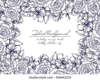 Vintage delicate invitation with flowers for wedding, marriage, bridal, birthday, Valentine's day. Romantic vector illustration.