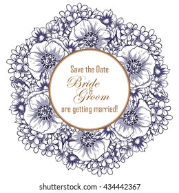 Vintage delicate invitation with flowers for wedding, marriage, bridal, birthday, Valentine's day. Romantic vector illustration.