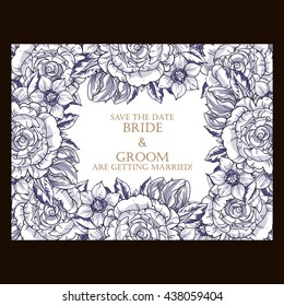 Vintage delicate invitation with flowers for wedding, marriage, bridal, birthday, Valentine's day. Romantic vector illustration.