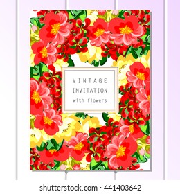 Vintage delicate invitation with flowers for wedding, marriage, bridal, birthday, Valentine's day.