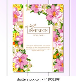 Vintage delicate invitation with flowers for wedding, marriage, bridal, birthday, Valentine's day.