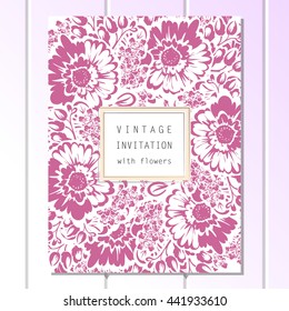 Vintage delicate invitation with flowers for wedding, marriage, bridal, birthday, Valentine's day. Romantic vector illustration.