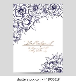 Vintage delicate invitation with flowers for wedding, marriage, bridal, birthday, Valentine's day. Romantic vector illustration.
