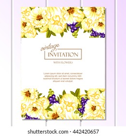 Vintage delicate invitation with flowers for wedding, marriage, bridal, birthday, Valentine's day. Romantic vector illustration.