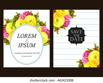 Vintage delicate invitation with flowers for wedding, marriage, bridal, birthday, Valentine's day. Romantic vector illustration.