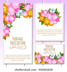Vintage delicate invitation with flowers for wedding, marriage, bridal, birthday, Valentine's day. Romantic vector illustration.