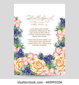 Vintage delicate invitation with flowers for wedding, marriage, bridal, birthday, Valentine's day.