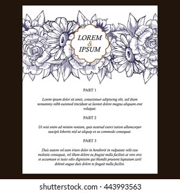 Vintage delicate invitation with flowers for wedding, marriage, bridal, birthday, Valentine's day. Romantic vector illustration.