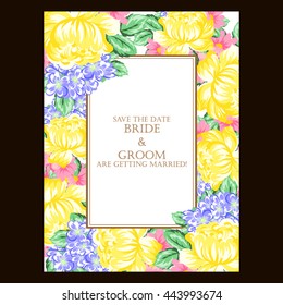Vintage delicate invitation with flowers for wedding, marriage, bridal, birthday, Valentine's day. Romantic vector illustration.