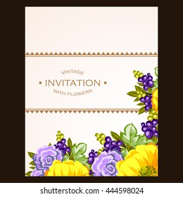 Vintage delicate invitation with flowers for wedding, marriage, bridal, birthday, Valentine's day.