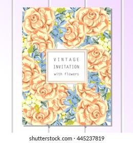 Vintage delicate invitation with flowers for wedding, marriage, bridal, birthday, Valentine's day.