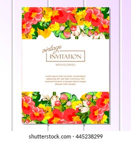 Vintage delicate invitation with flowers for wedding, marriage, bridal, birthday, Valentine's day. Romantic vector illustration.