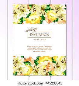 Vintage delicate invitation with flowers for wedding, marriage, bridal, birthday, Valentine's day. Romantic vector illustration.