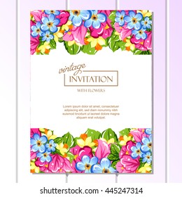 Vintage delicate invitation with flowers for wedding, marriage, bridal, birthday, Valentine's day. Romantic vector illustration.