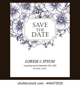 Vintage delicate invitation with flowers for wedding, marriage, bridal, birthday, Valentine's day. Romantic vector illustration.