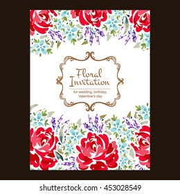 Vintage delicate invitation with flowers for wedding, marriage, bridal, birthday, Valentine's day.