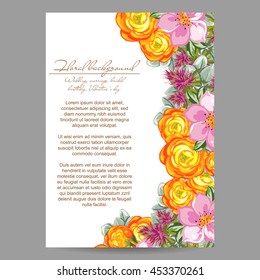 Vintage delicate invitation with flowers for wedding, marriage, bridal, birthday, Valentine's day. Romantic vector illustration.